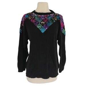Vintage 80s 90s Sequined Knit Sweater Black Small